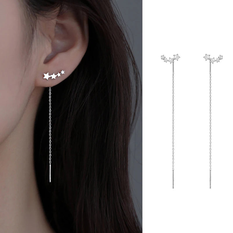 Silver Needle Star Line Tassel Drop Earring