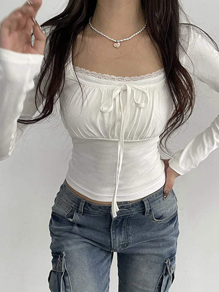 Square Collar Crop Top  Knitted Elegant Tee