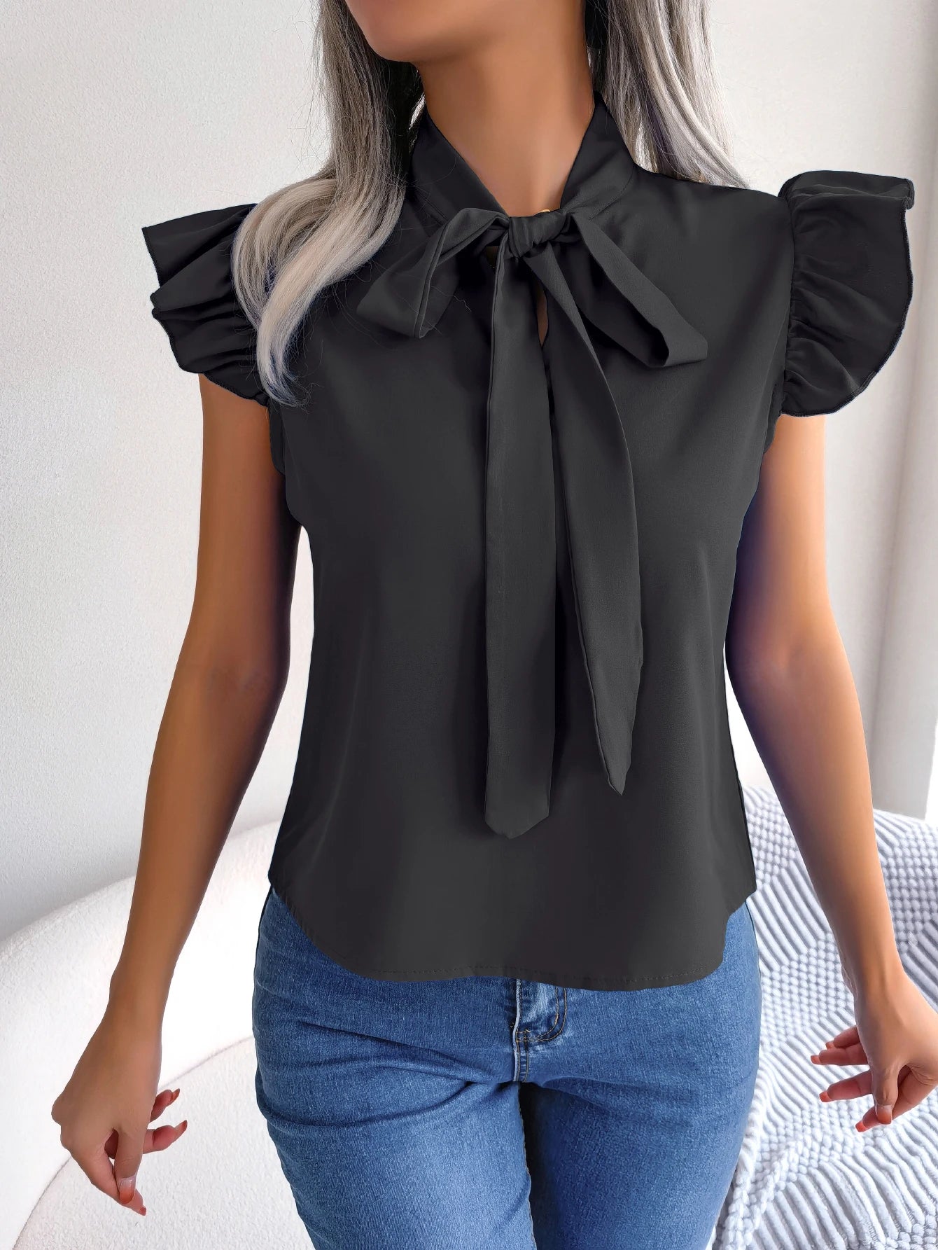 Women's Casual Bow Ruffle Short Sleeve  Blouse