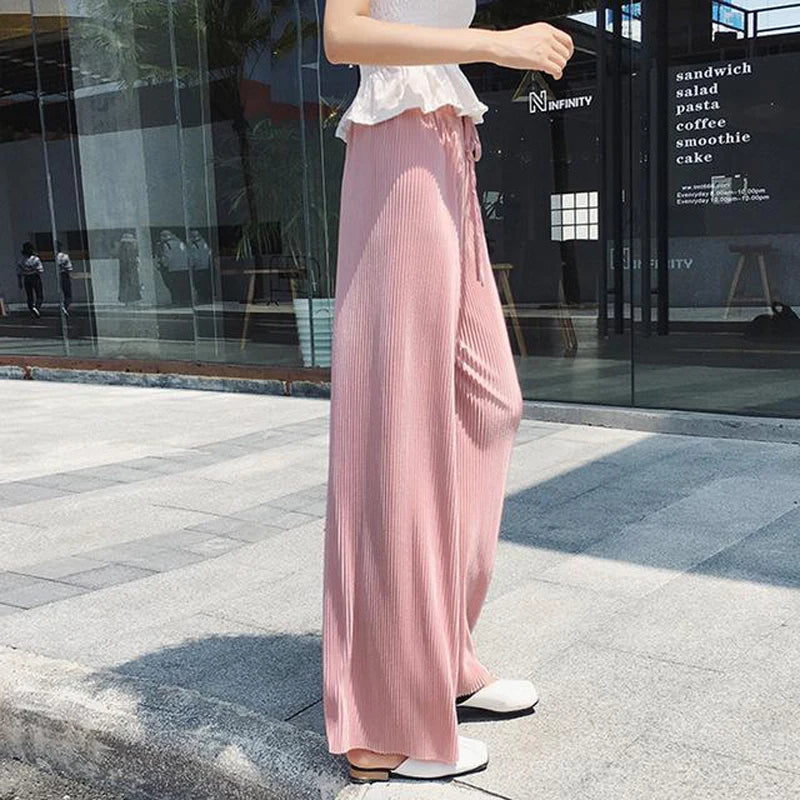 Pleated Ice Silk  Elastic Waist Casual Pants