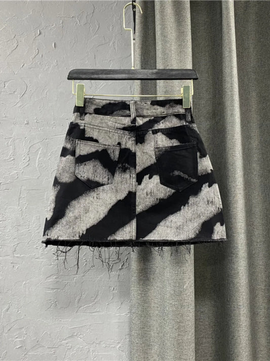 Black Gray Tie Dye Denim Skirt Fringed