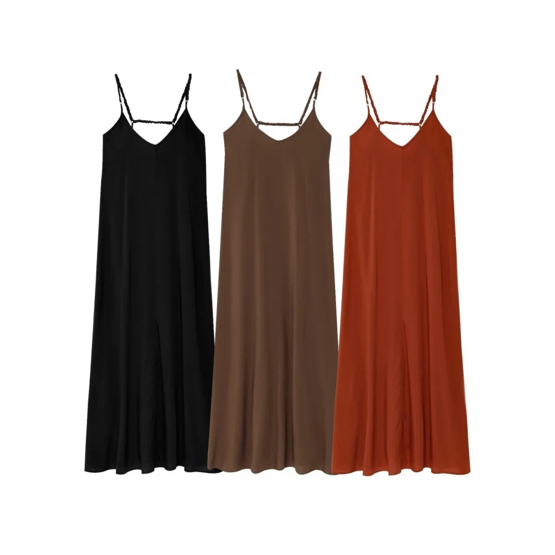 Solid Backless Sling Sleeveless Midi Dresses
