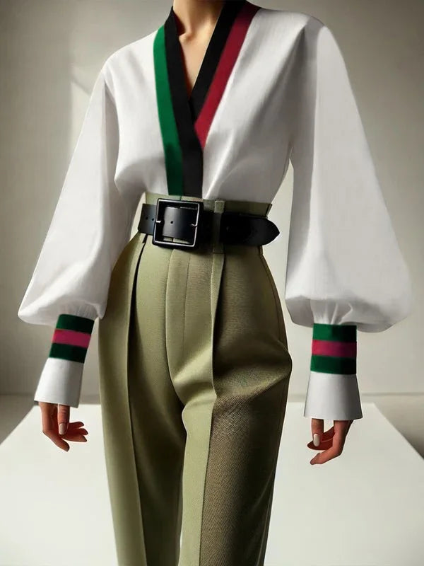 V-neck Blouses Long Sleeves Contrast Color