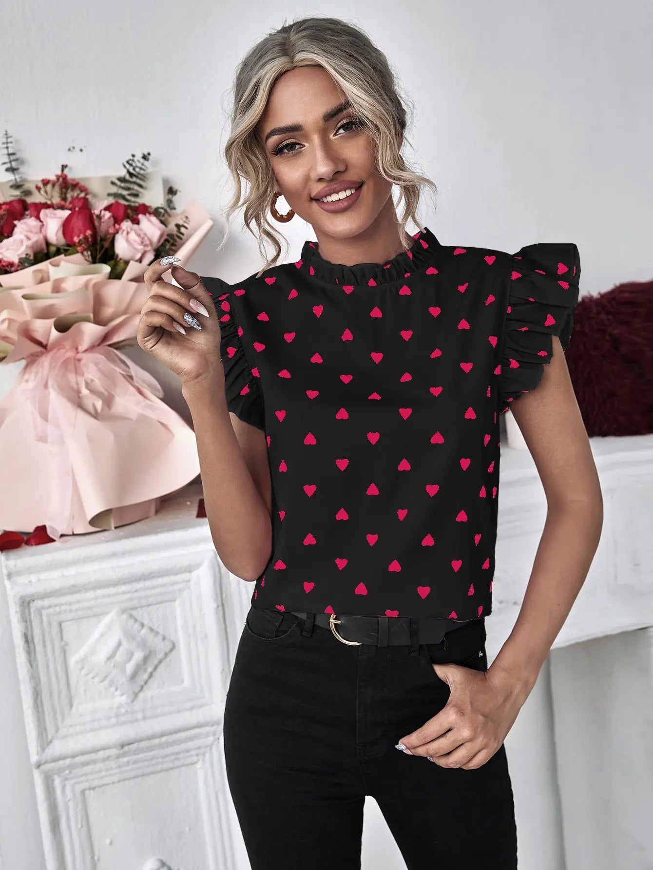 Print Shirt Pullover Ruffle Blouse