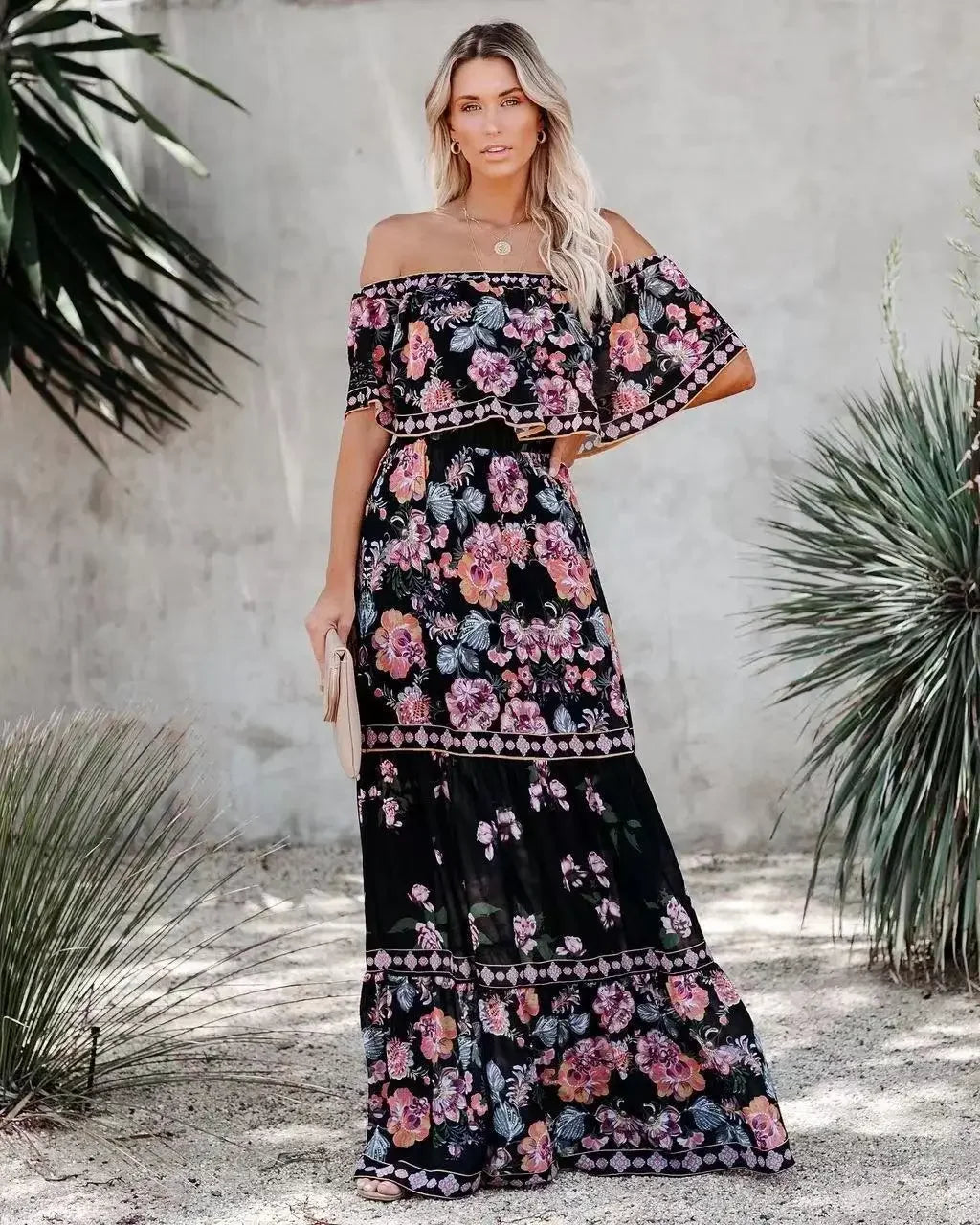 Summer Off-shoulder Red Flower Printing