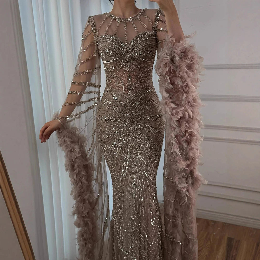 Customized Caramel Beaded Mermaid Evening Dress