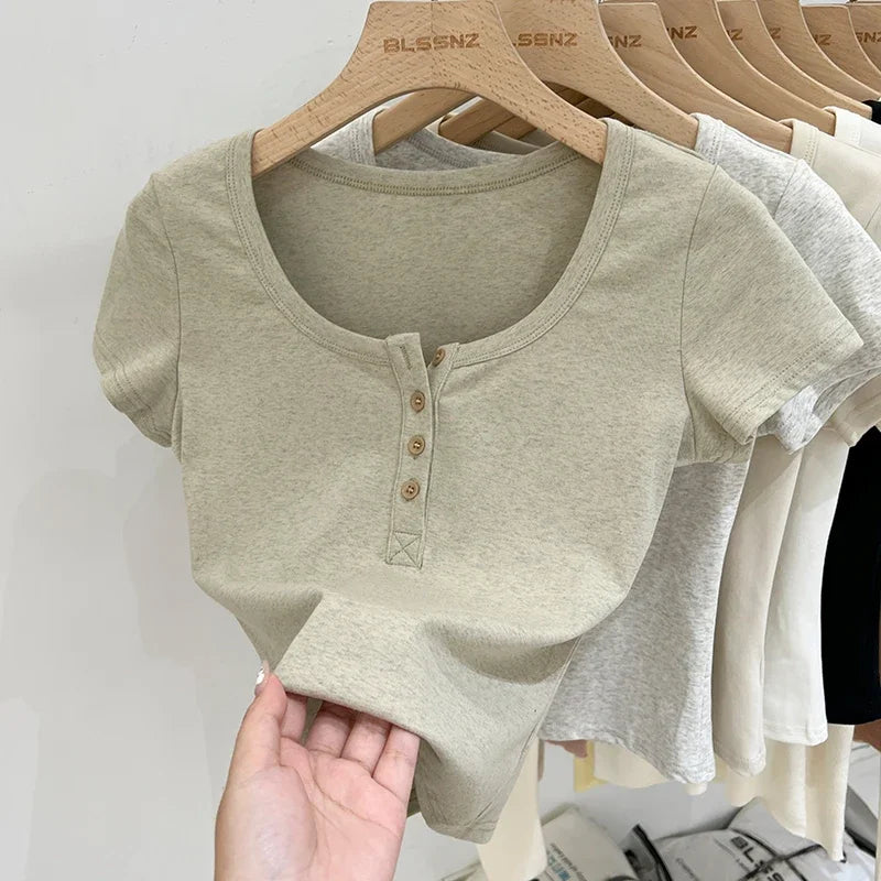 Button T-Shirt Cotton Slim  Short Sleeve Top