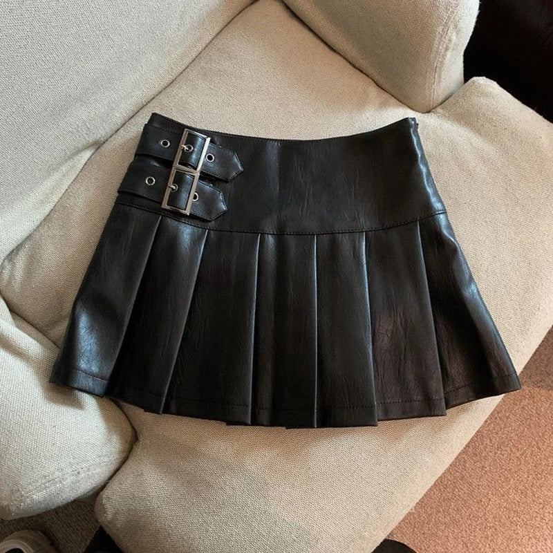 Leather Mini  High Waist Pleated Skirt