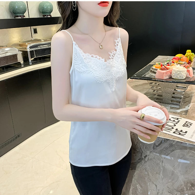 Silk Lace Sleeveless White Female Tank Top