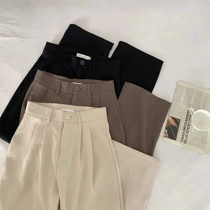 Solid High Waist Suit Fall Straight Trousers