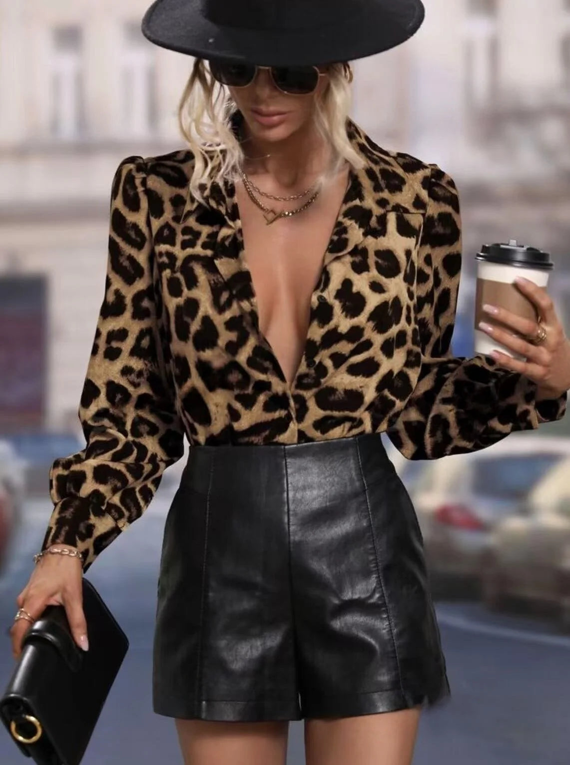 Leopard print blouses bubble sleeves