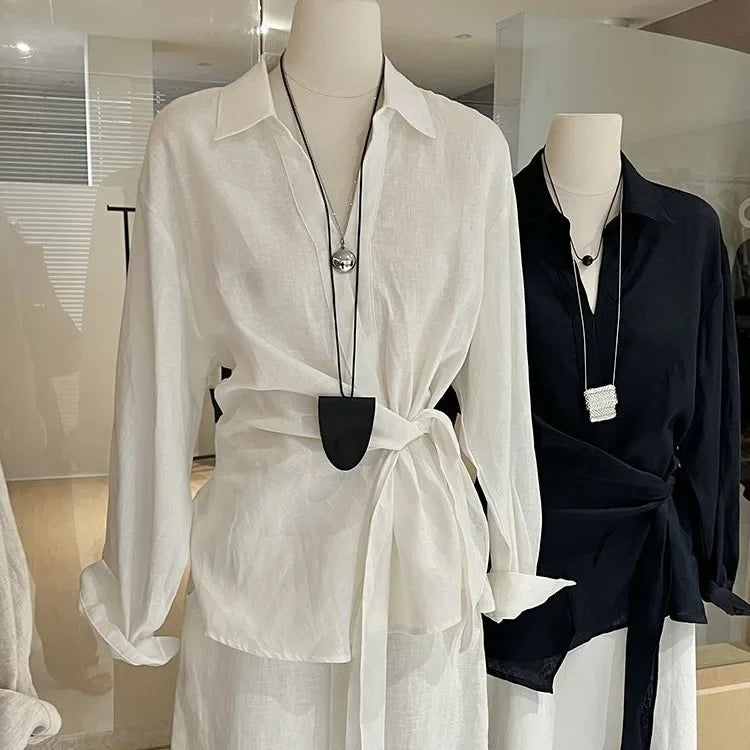 Loose Long Sleeve Asymmetrical Waist-Cinching  Top