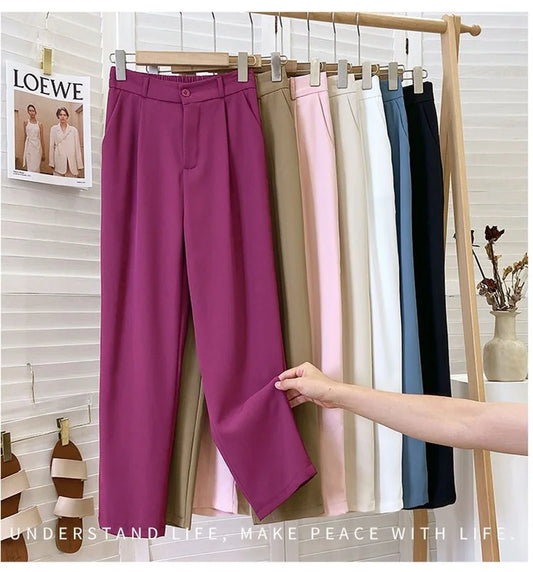 Suit Pants Solid Color Elastic Waist Ankle-Length