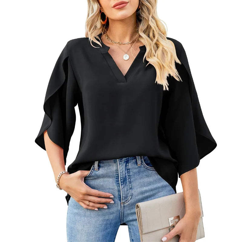 Chiffon Short Flare Sleeve V-Neck Blouse