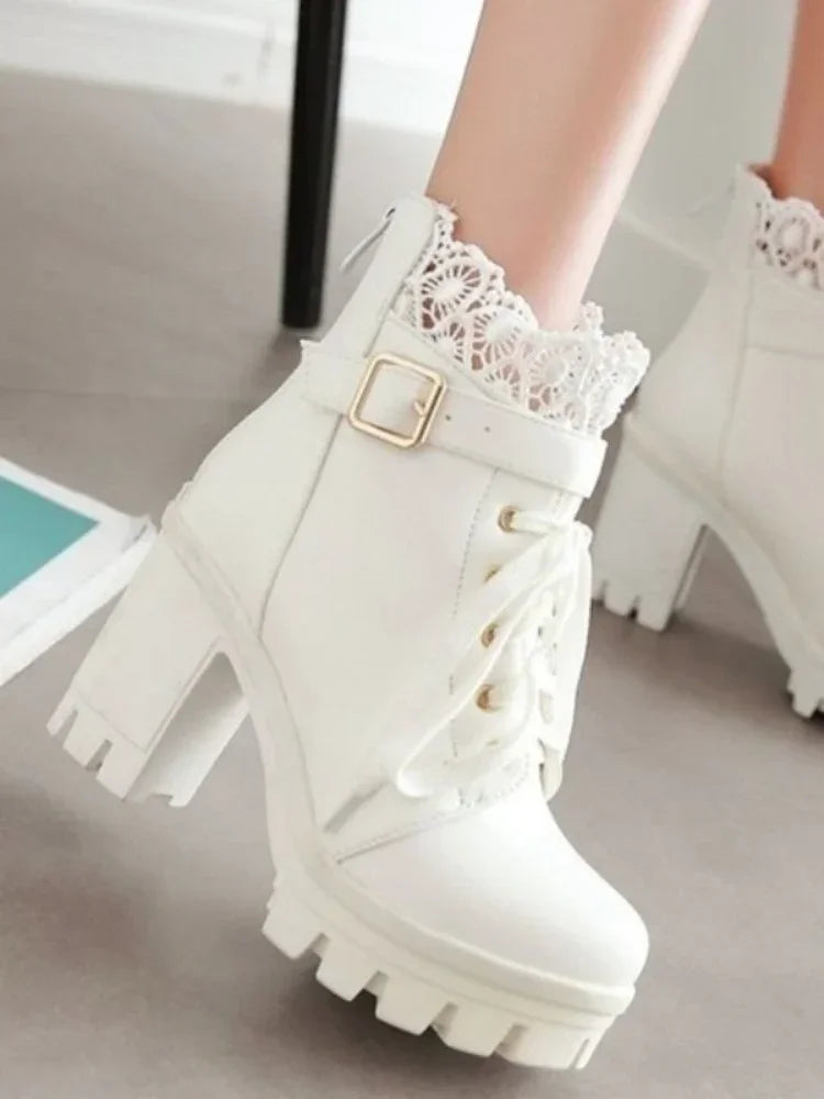 Block High Heels Ankle Boots Lace
