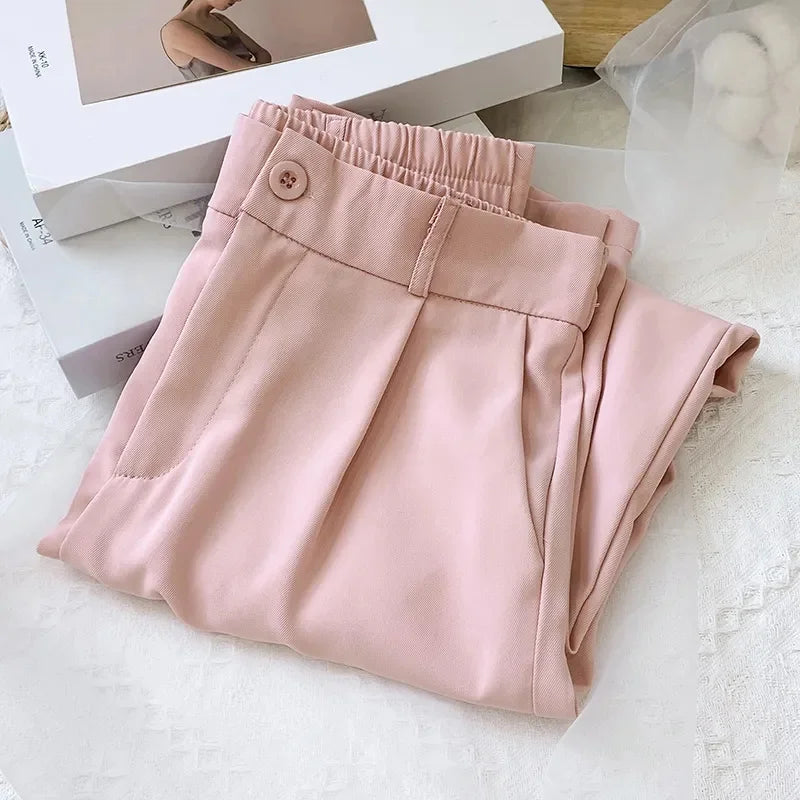 Suit Pants Solid Color Elastic Waist Ankle-Length