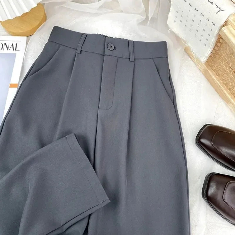 Suit Pants Solid Color Elastic Waist Ankle-Length