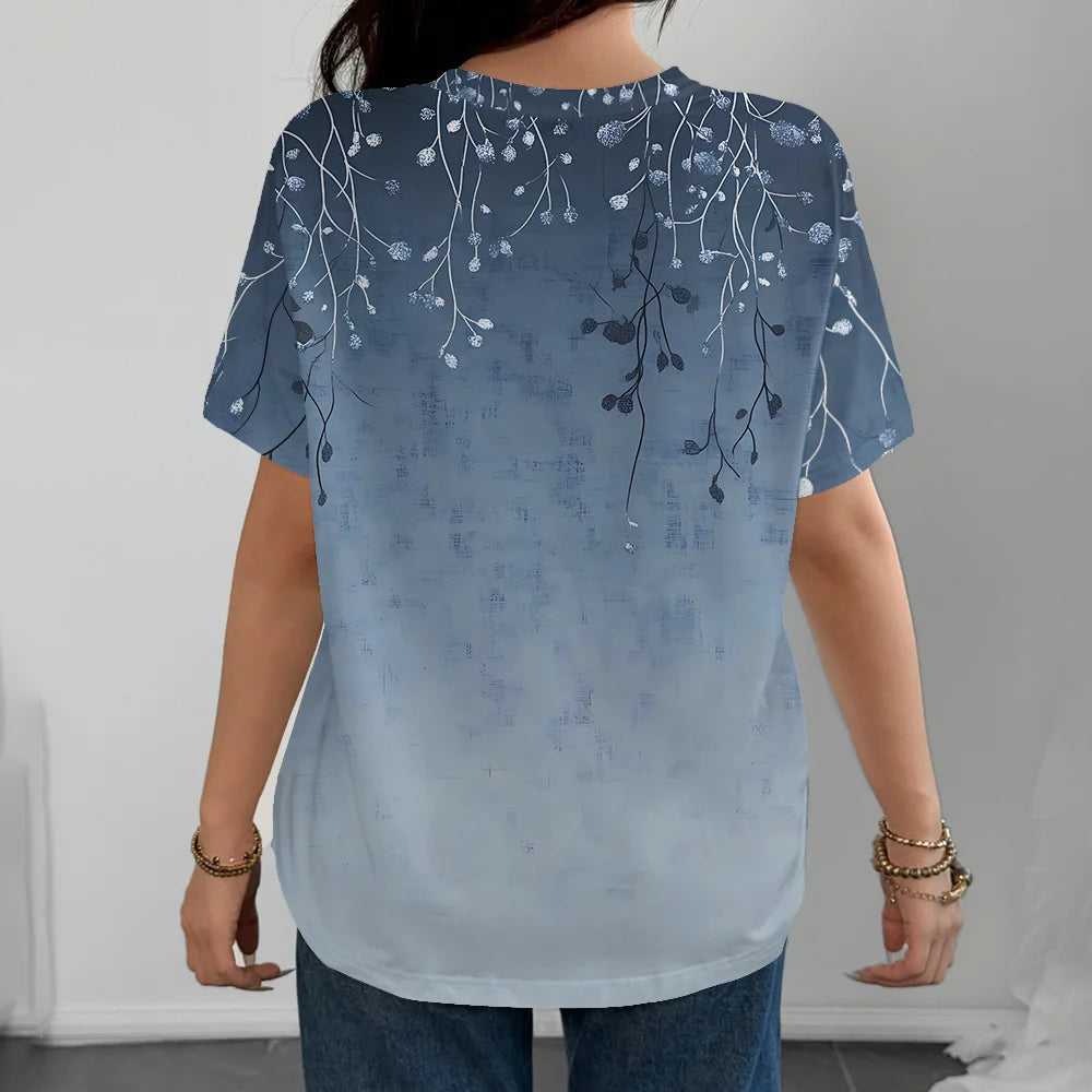 Blue And White Flower Pattern T-shirt Casual