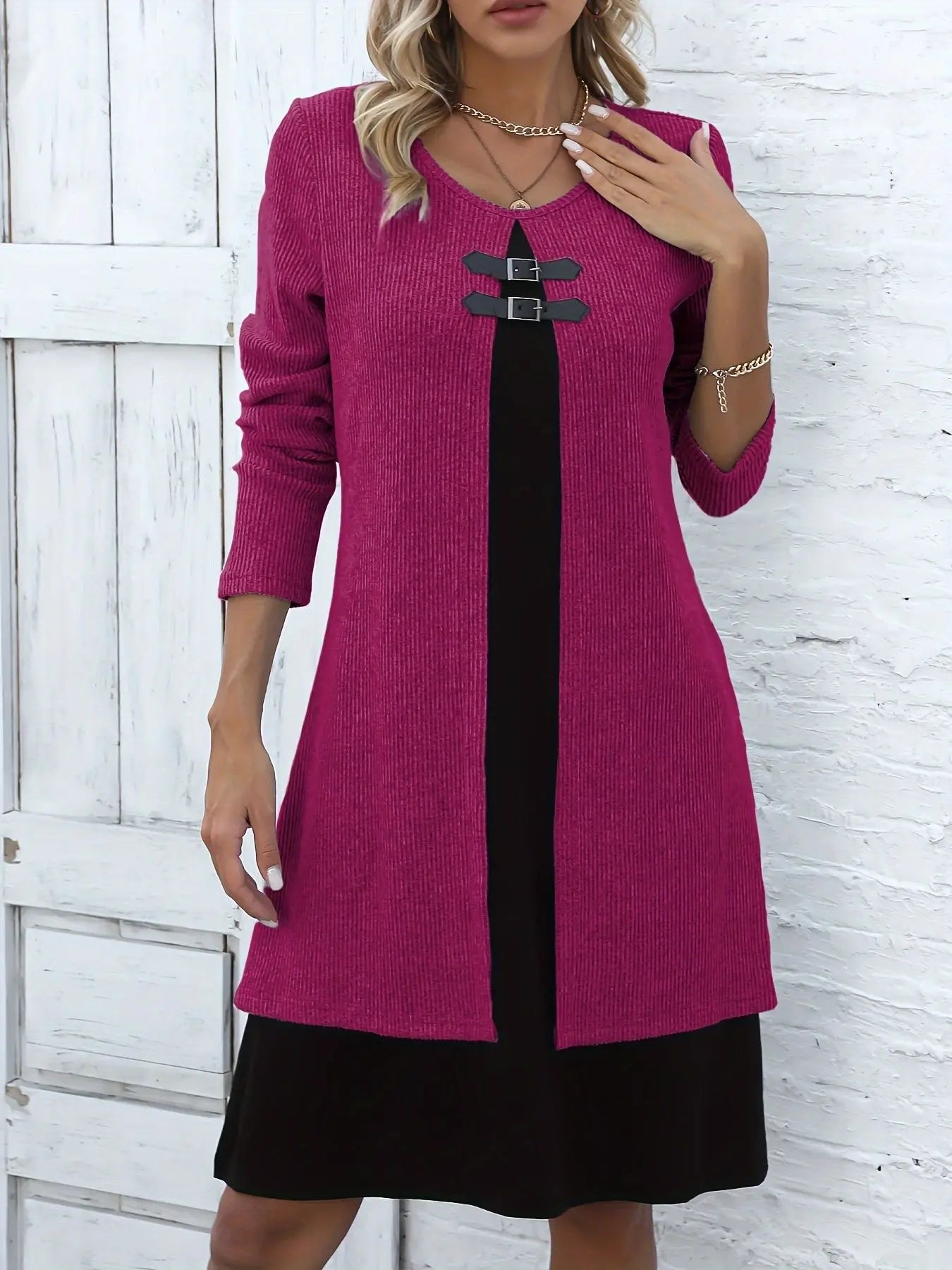 Solid Long Sleeved Round Neck Knitted  Dress