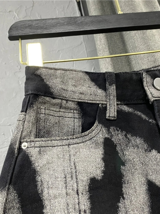Black Gray Tie Dye Denim Skirt Fringed