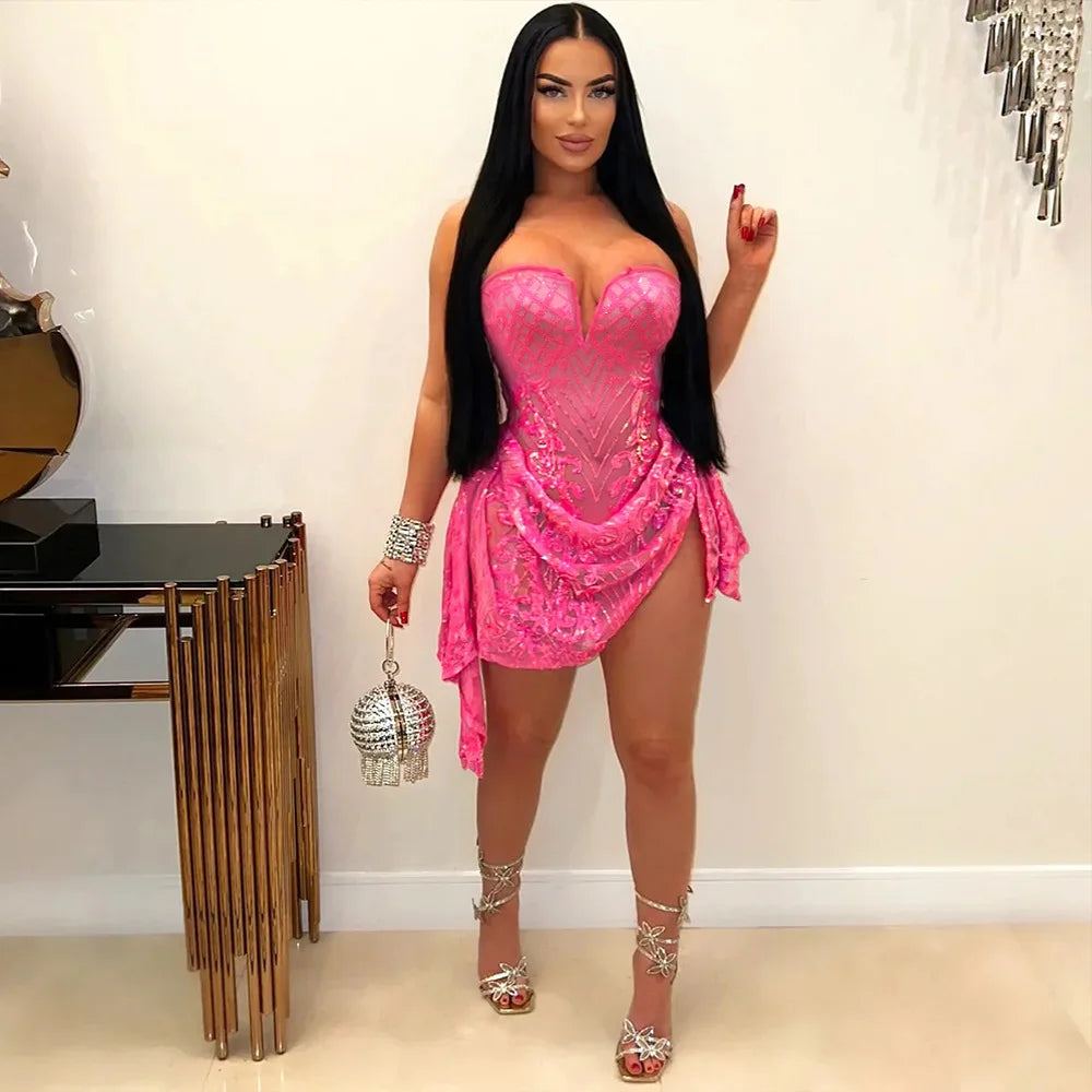 Strapless V-neck Fashion Sequined Sexy Dress