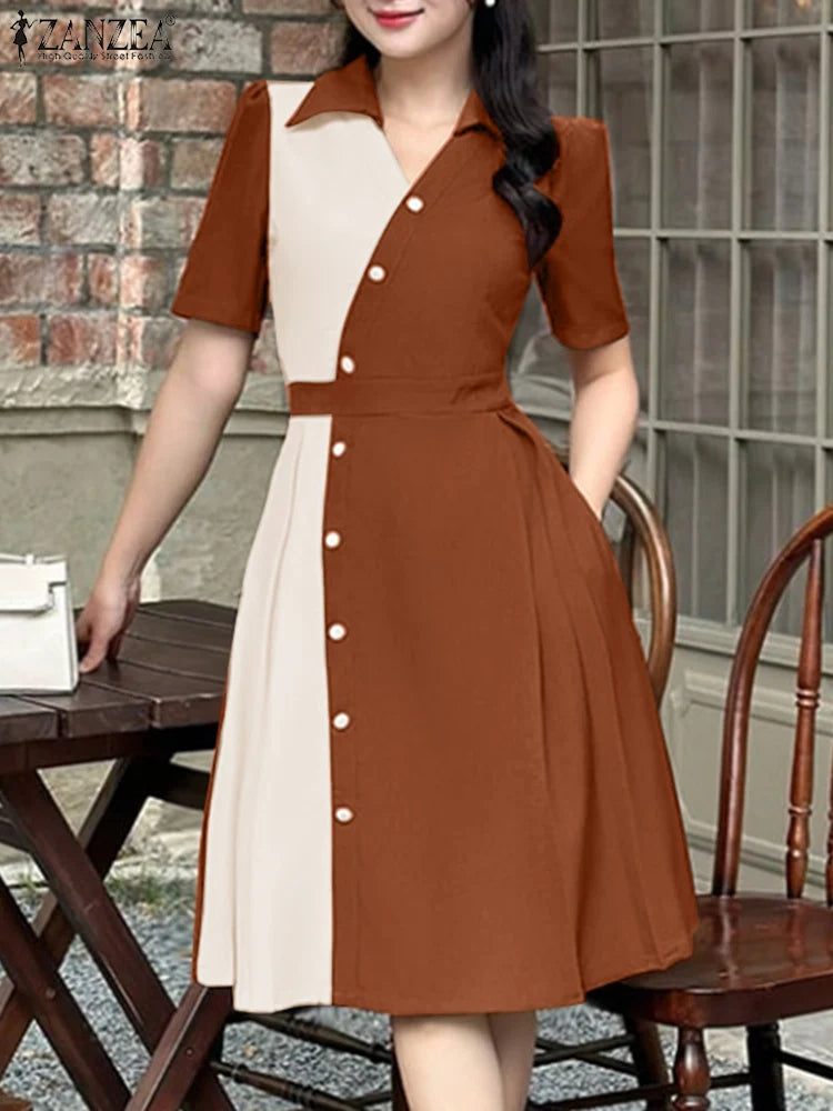 Elegant Lapel Neck Short Sleeve Pleated  Work