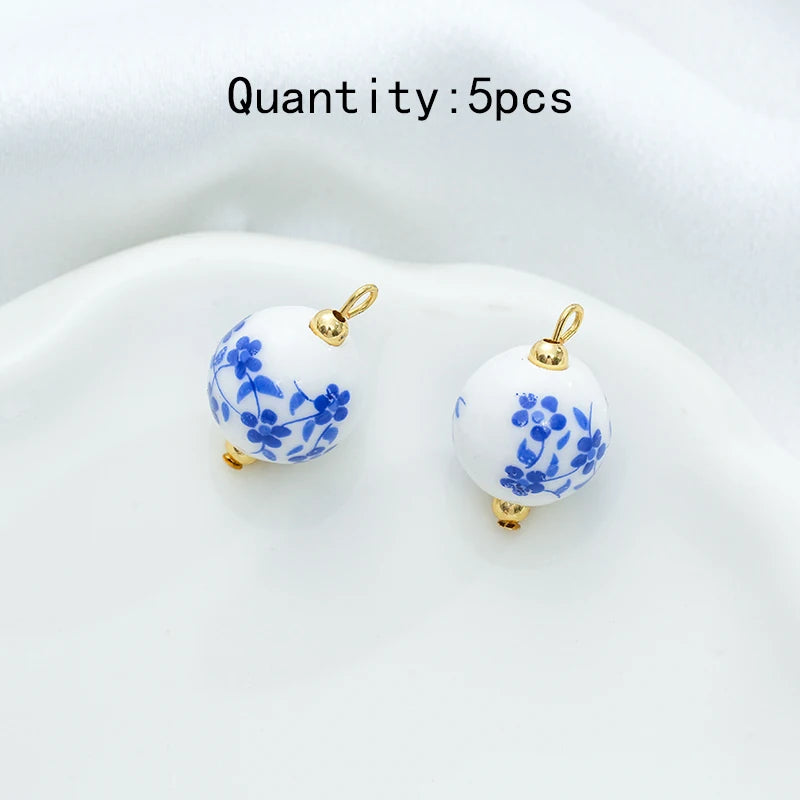 5Pcs Blue printing Adorable Ceramic Charms