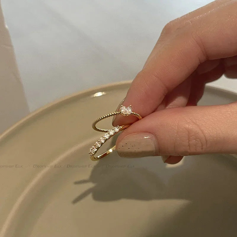 2pcs/set Gold Color Heart Zircon Rings Set