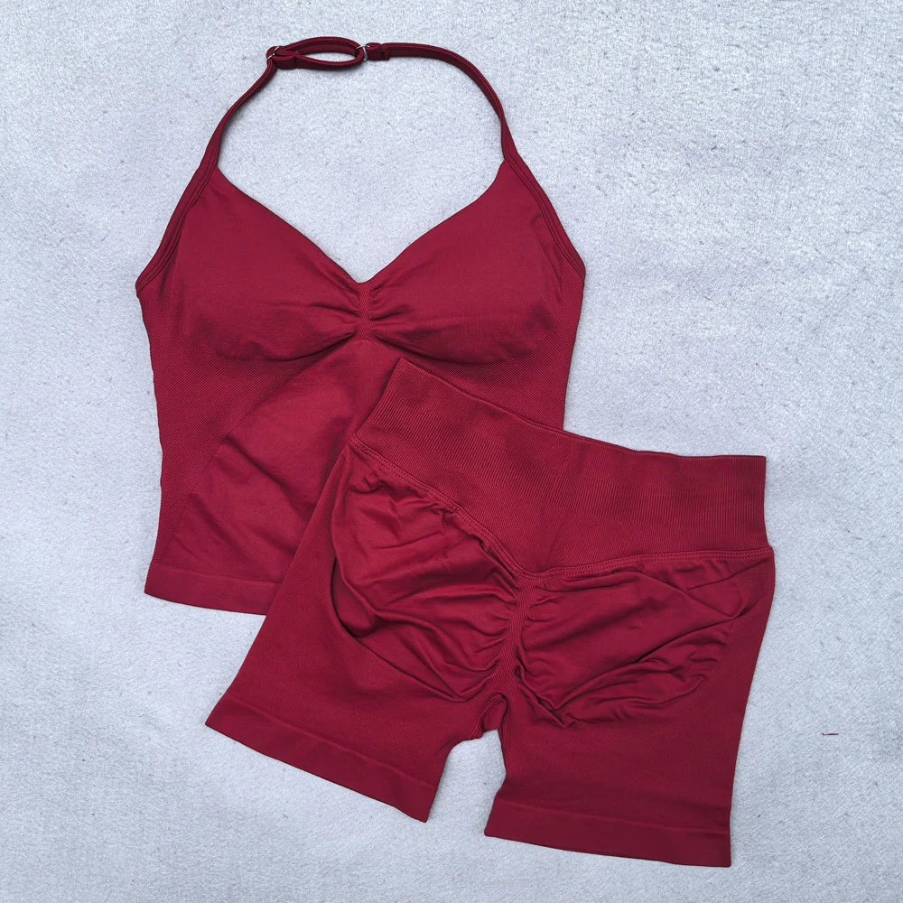 Yoga Set 2Pcs Padded Halter   Gym Shorts